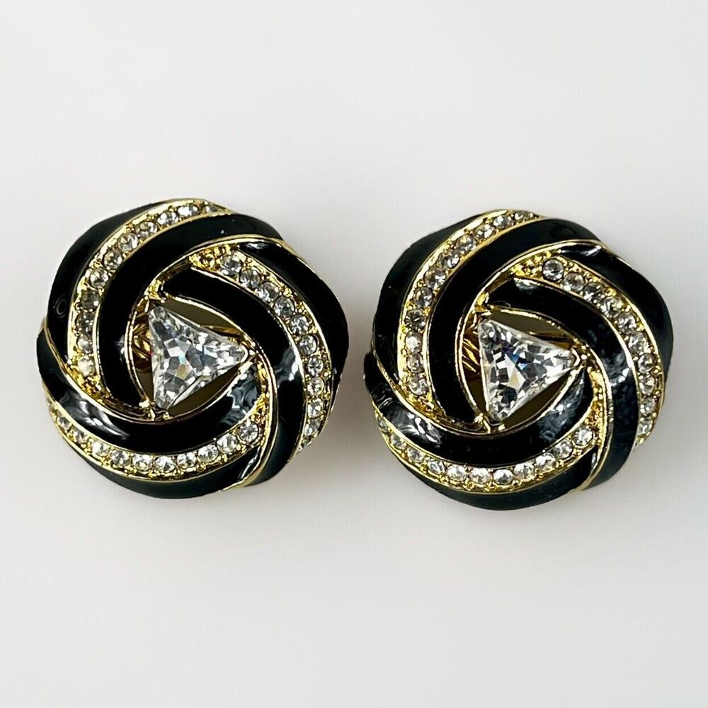 VTG Runway TRIFARI Art Deco Chic Earrings Black Enamel Crystal Rhinestones Clips